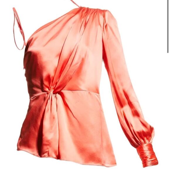 Cinq à Sept Stace Asymmetric Neck One Shoulder Silk Top Neon Coral - Picture 4 of 12